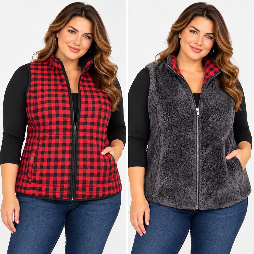 Croft & Barrow Red Black Buffalo Plaid Fleece Vest Reversible Petite Large NWT